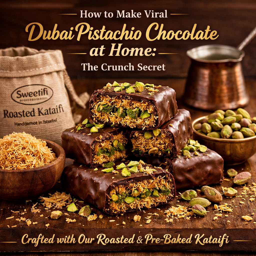 Crunchy filling of viral Dubai Pistachio Chocolate bar made with Sweetifi roasted kataifi and pistachio cream.