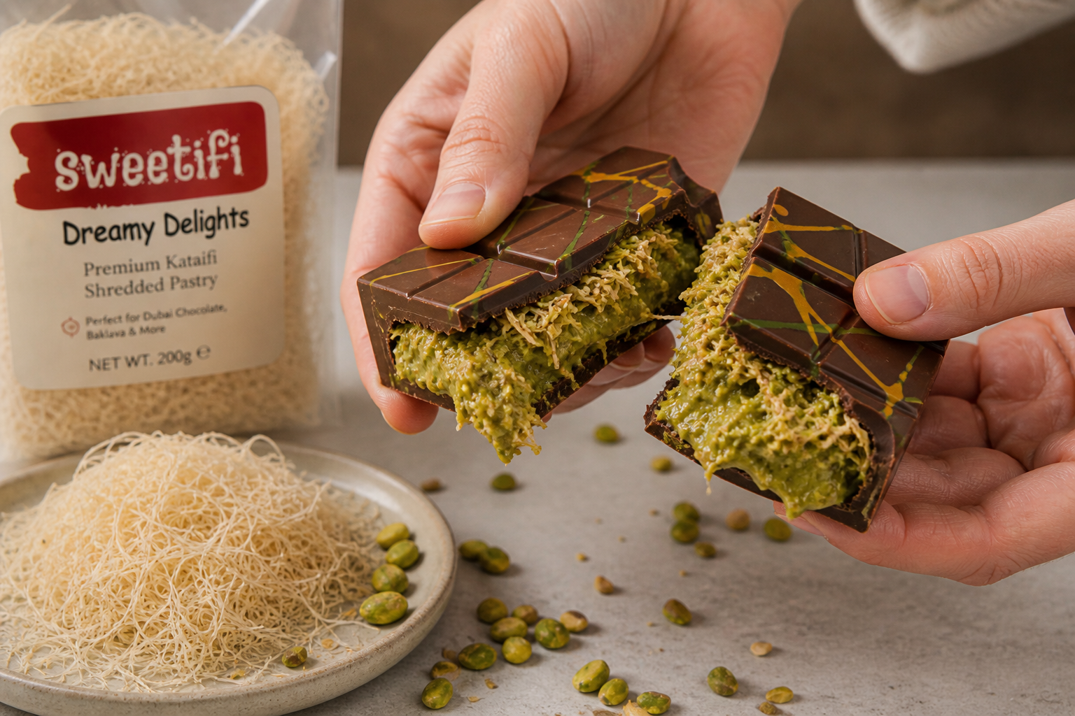 Handmade Dubai Chocolate Bar filling with Sweetifi Gluten-Free Kataifi and pistachio cream.