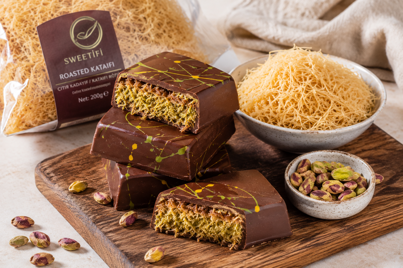 Roasted kataifi pastry with pistachio cream and Dubai chocolate filling