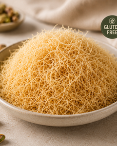 Gluten-free kataifi pastry in a ceramic bowl with subtle gluten-free badge and warm editorial food styling.