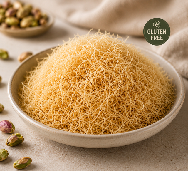 Gluten-free kataifi pastry in a ceramic bowl with subtle gluten-free badge and warm editorial food styling.