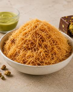Bowl of roasted kataifi pastry with crispy golden texture beside pistachio chocolate pieces on a soft beige background.