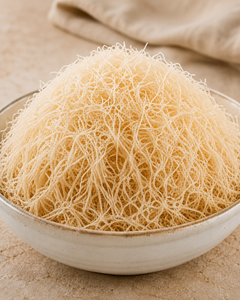 Traditional shredded kataifi pastry in a ceramic bowl with soft natural lighting and artisanal presentation.